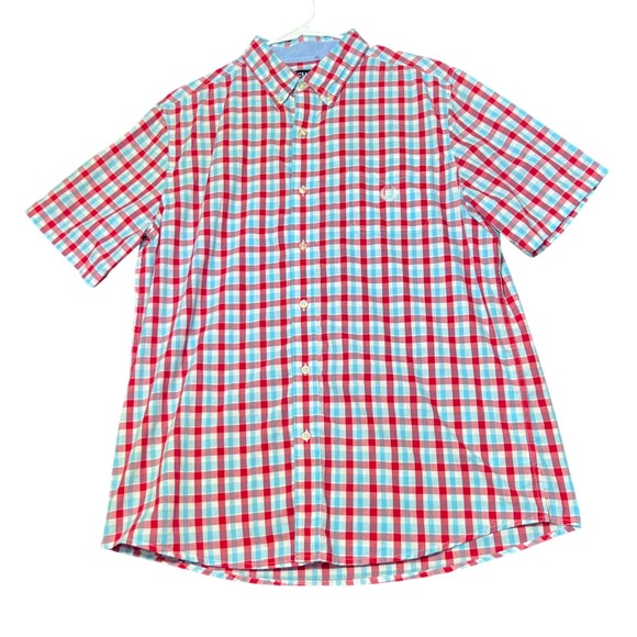 Chaps Button Down Shirt Mens Large Red Blue Plaid Easy Care Short Sleeve Preppy - Picture 2 of 13